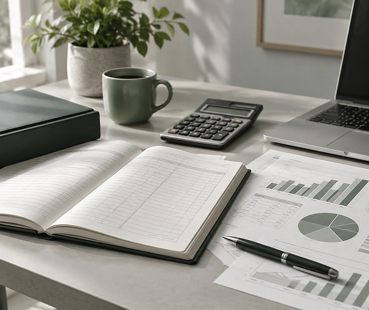 Illustrative accounting workspace with a ledger, calculator, and business documents